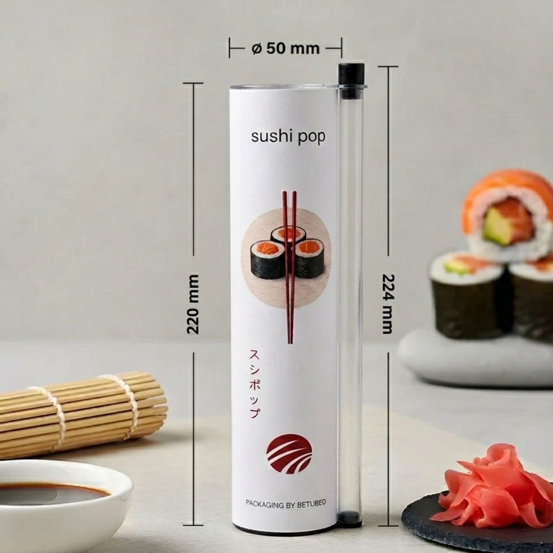 Sushi Push-Up Verpackung mit Maßen — 220 x 48 mm Pappdose für Sushi Takeaway